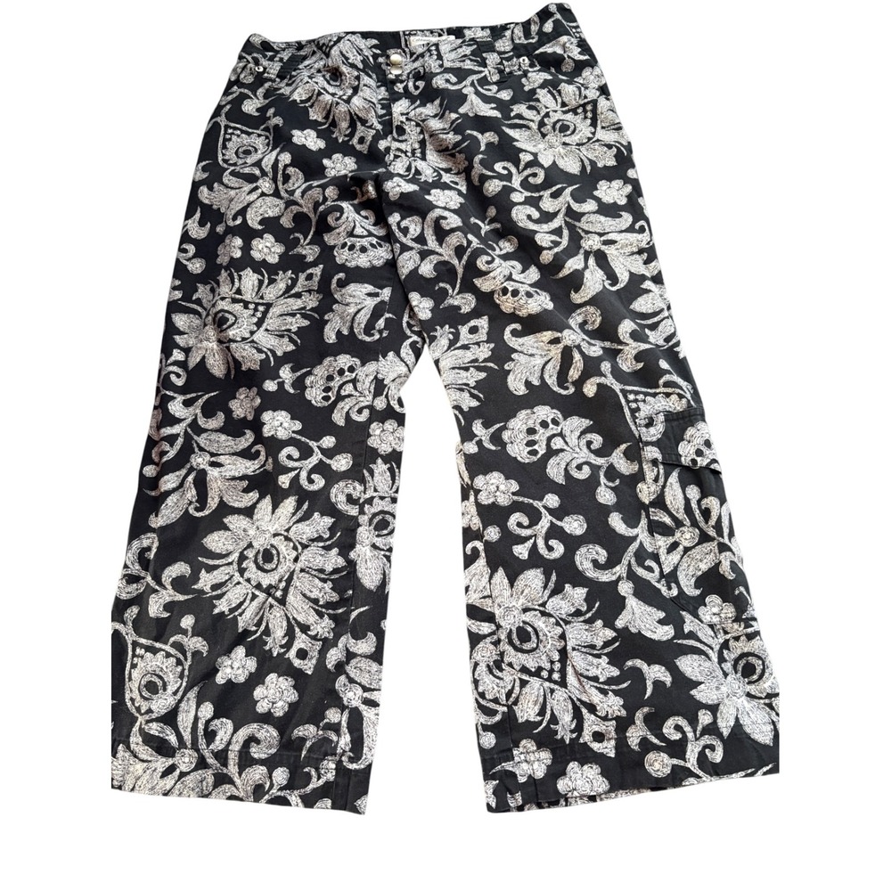 Coldwater Creek Womens‎ Pants Size 10 Black White Floral Wide Leg Cropped Casual